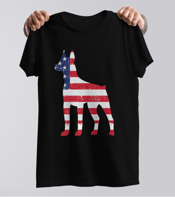 Miniature Pinscher Silhouette With American Flag Design For 4th Of July T-Shirt