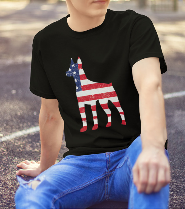 Miniature Pinscher Silhouette With American Flag Design For 4th Of July T-Shirt