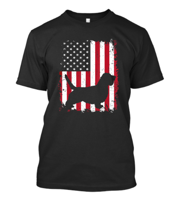 Petit Basset Griffon Vendeen Silhouette American Flag Fourth Of July T-Shirt
