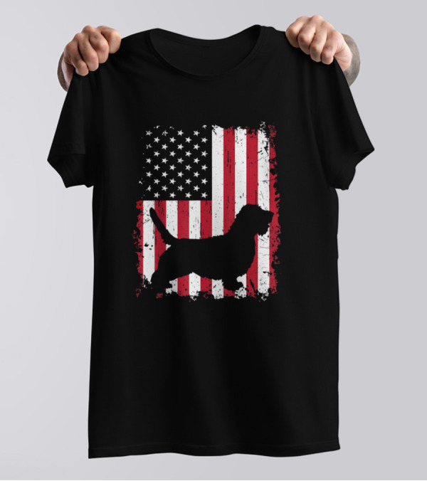 Petit Basset Griffon Vendeen Silhouette American Flag Fourth Of July T-Shirt