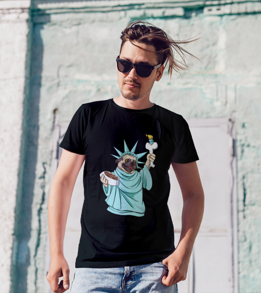 Pug Statue Of Liberty Funny 4th Of July Independence Day Dog Holding Food And Bone Torch T-Shirt
