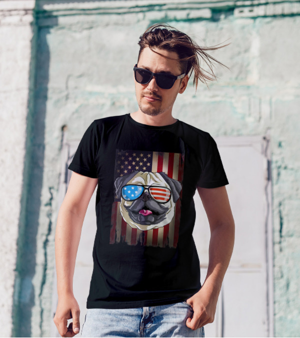 Pug With American Flag Sunglasses On 4th Of July Flag T-Shirt