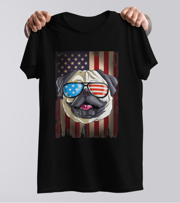Pug With American Flag Sunglasses On 4th Of July Flag T-Shirt