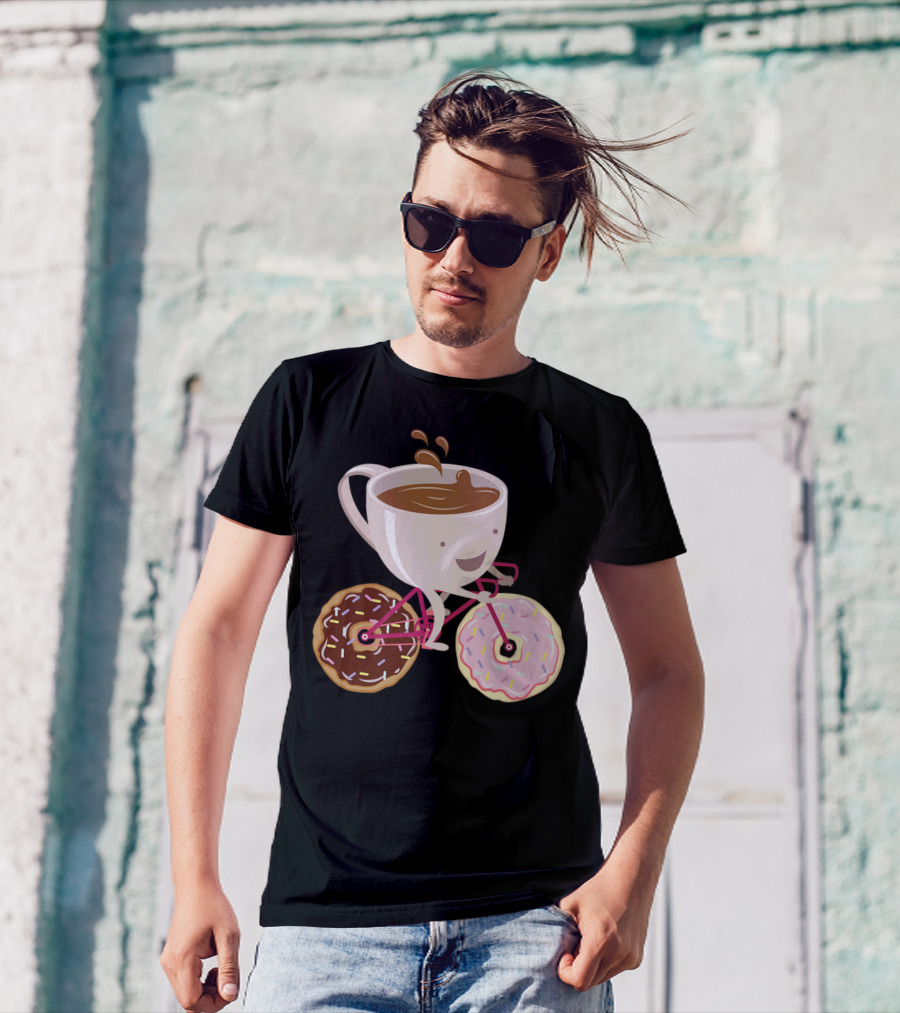 Coffee Cup Riding Bicycle With Donut Wheels Hand Drawn T-Shirt