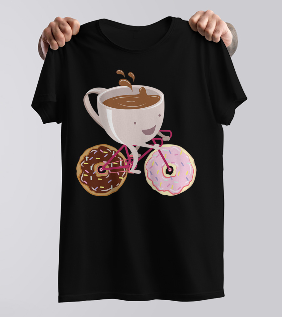 Coffee Cup Riding Bicycle With Donut Wheels Hand Drawn T-Shirt