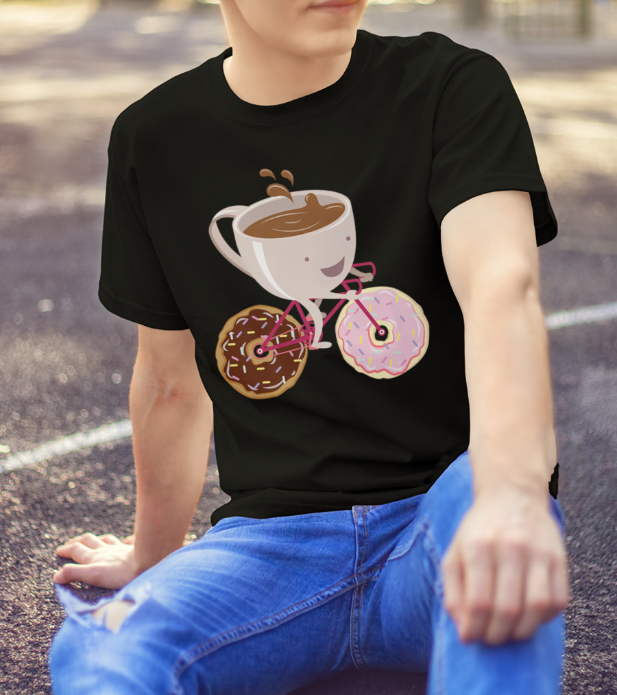 Coffee Cup Riding Bicycle With Donut Wheels Hand Drawn T-Shirt