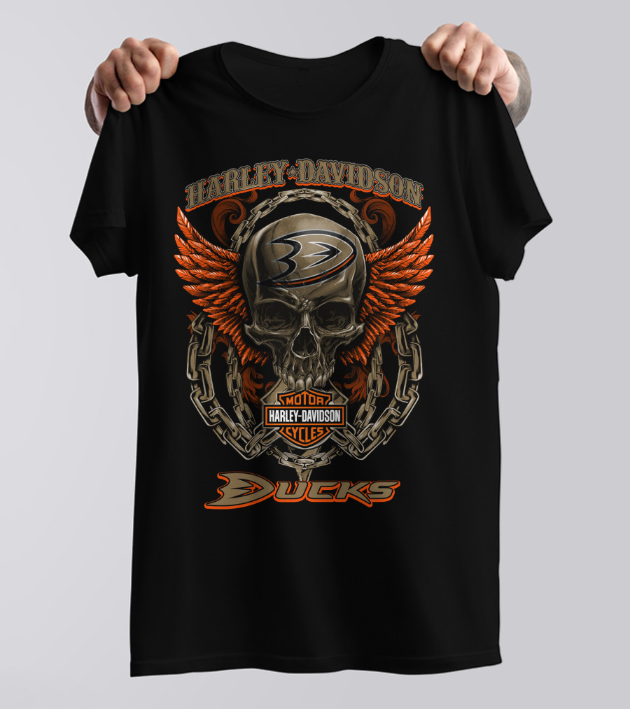 Harley Davidson Anaheim Ducks Nhl Skull Chains Wings T-Shirt