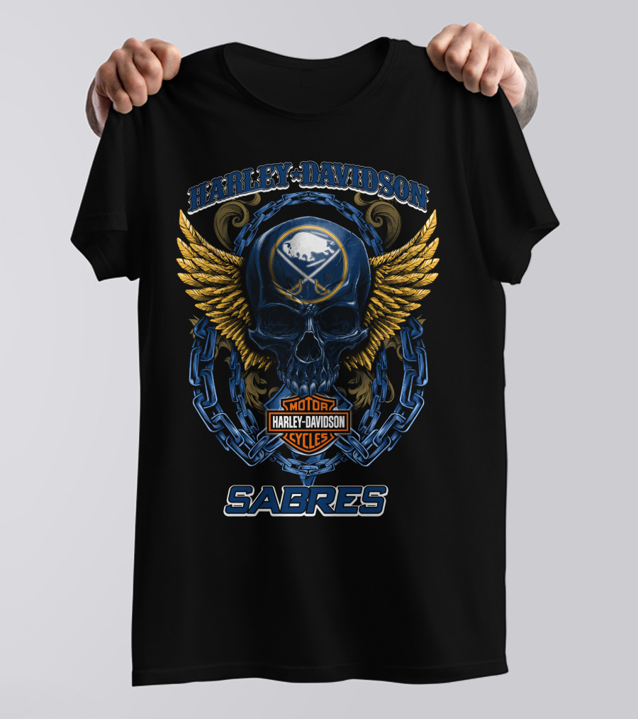 Harley Davidson Buffalo Sabres Nhl Motor Cycles Skull Wings T-Shirt