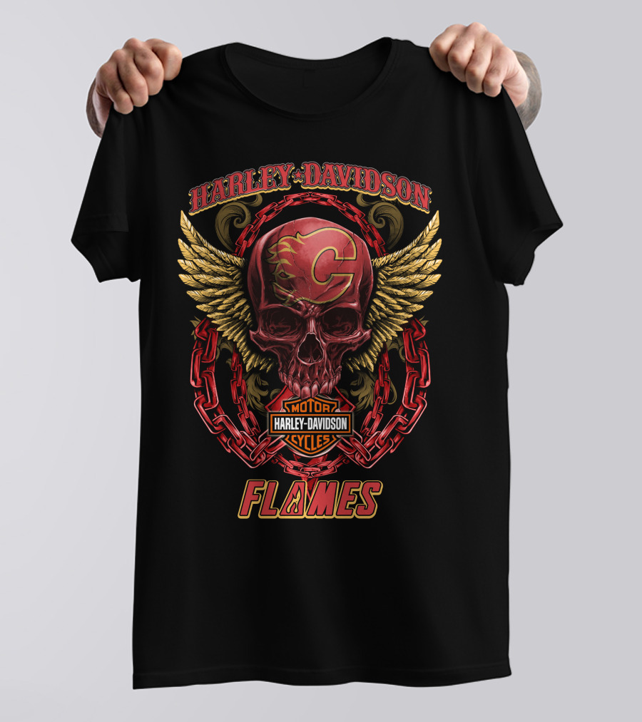 Harley Davidson Calgary Flames Skull Wings Chains T-Shirt