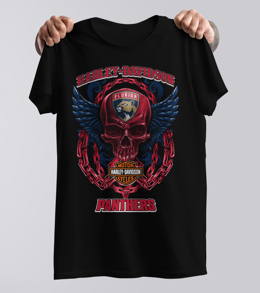 Harley Davidson Florida Panthers Motorcycles Nhl Winged Skull T-Shirt