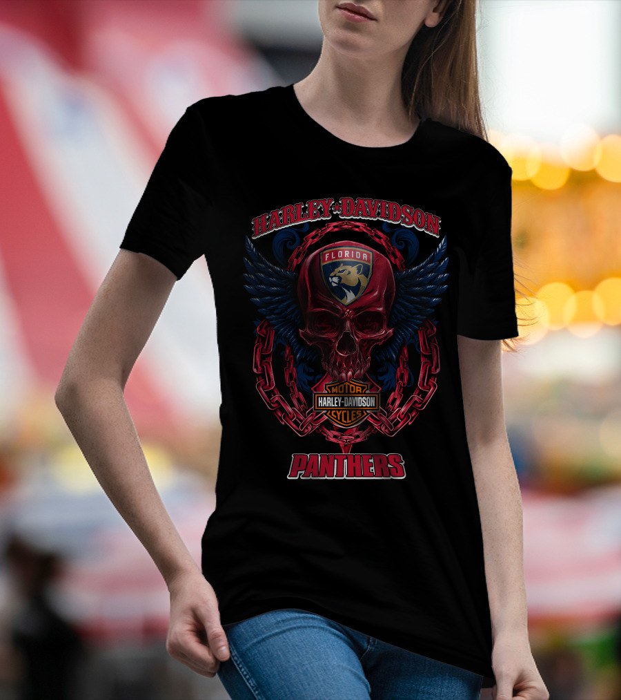 Harley Davidson Florida Panthers Motorcycles Nhl Winged Skull T-Shirt