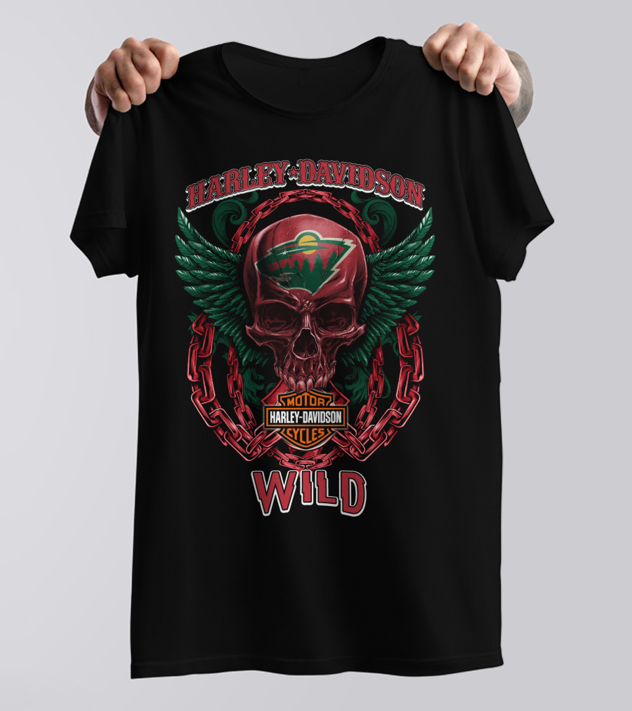 Harley Davidson Motorcycles Nhl Minnesota Wild Skull Wings Chain T-Shirt