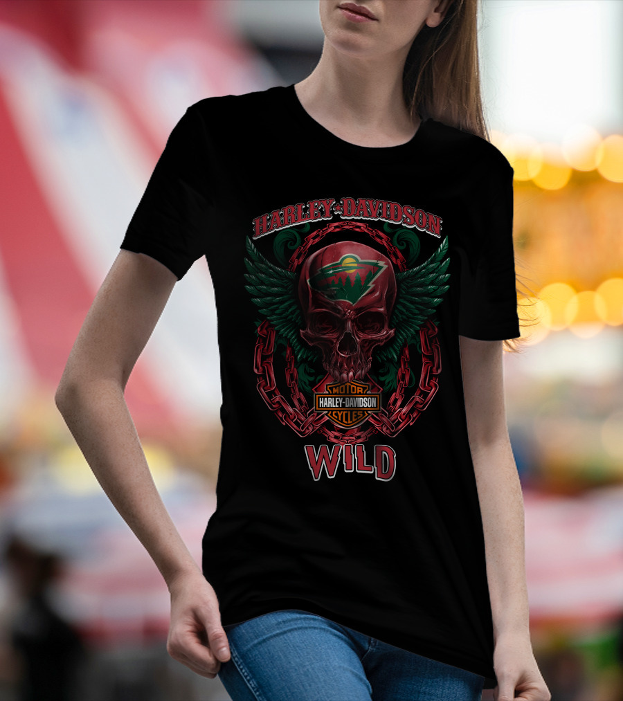 Harley Davidson Motorcycles Nhl Minnesota Wild Skull Wings Chain T-Shirt