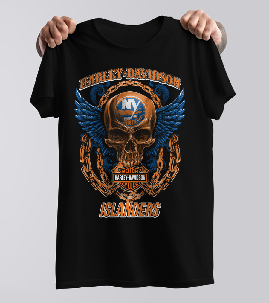 Harley Davidson Motor Cycles Islanders Skull Wings Chain Nhl New York Islanders T-Shirt