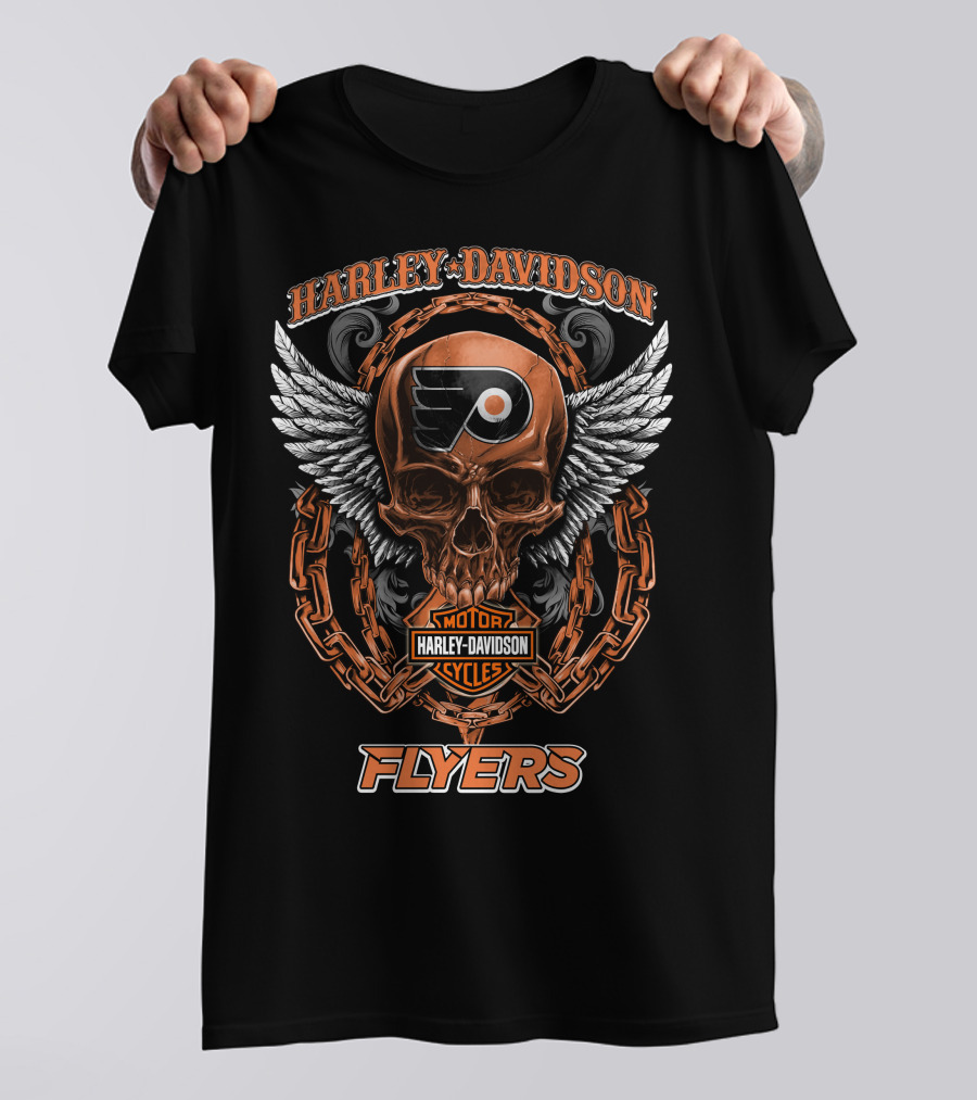 Harley Davidson Flyers Nhl Philadelphia Skull Wings Chain T-Shirt