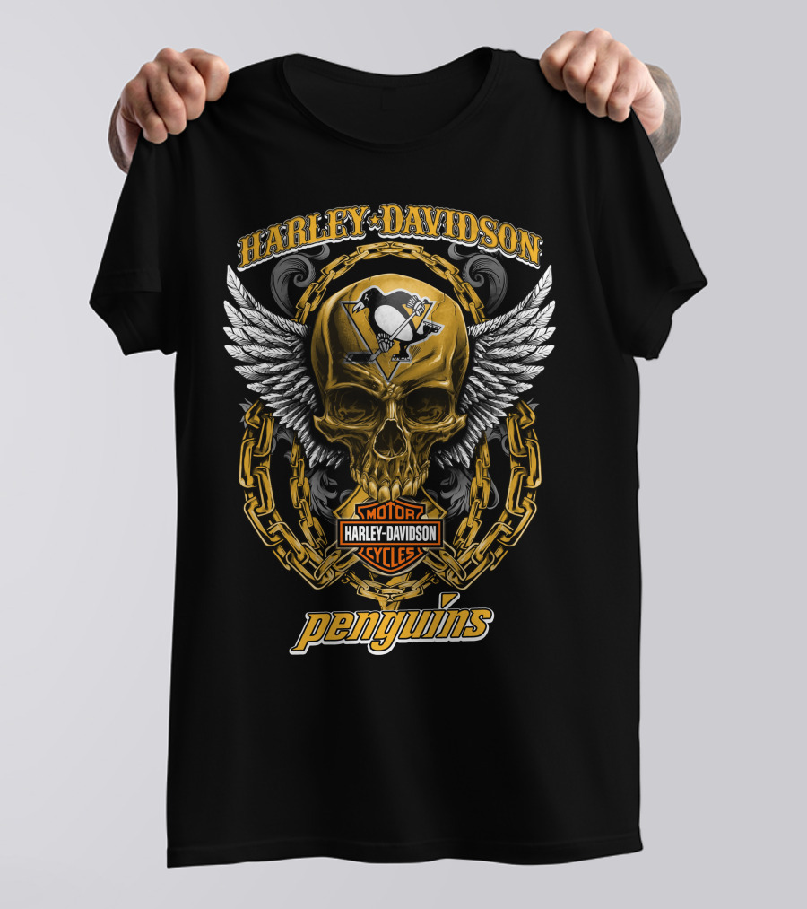 Harley Davidson Pittsburgh Penguins Nhl Skull Wings Chain T-Shirt