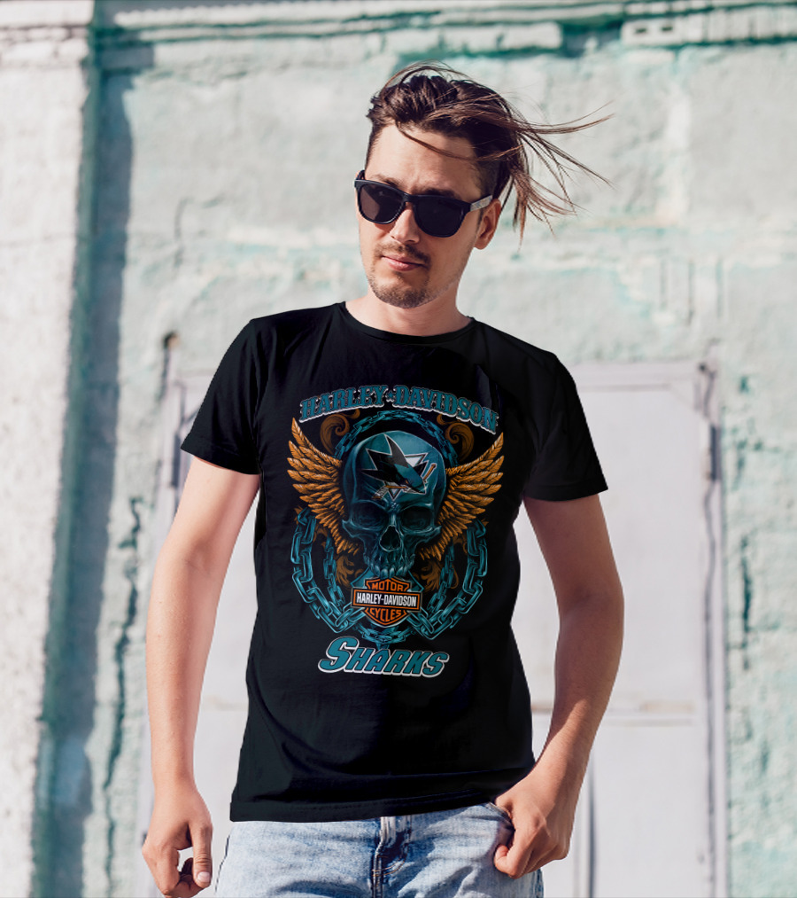 Harley Davidson San Jose Sharks Nhl Motorcycles Skull And Wings T-Shirt
