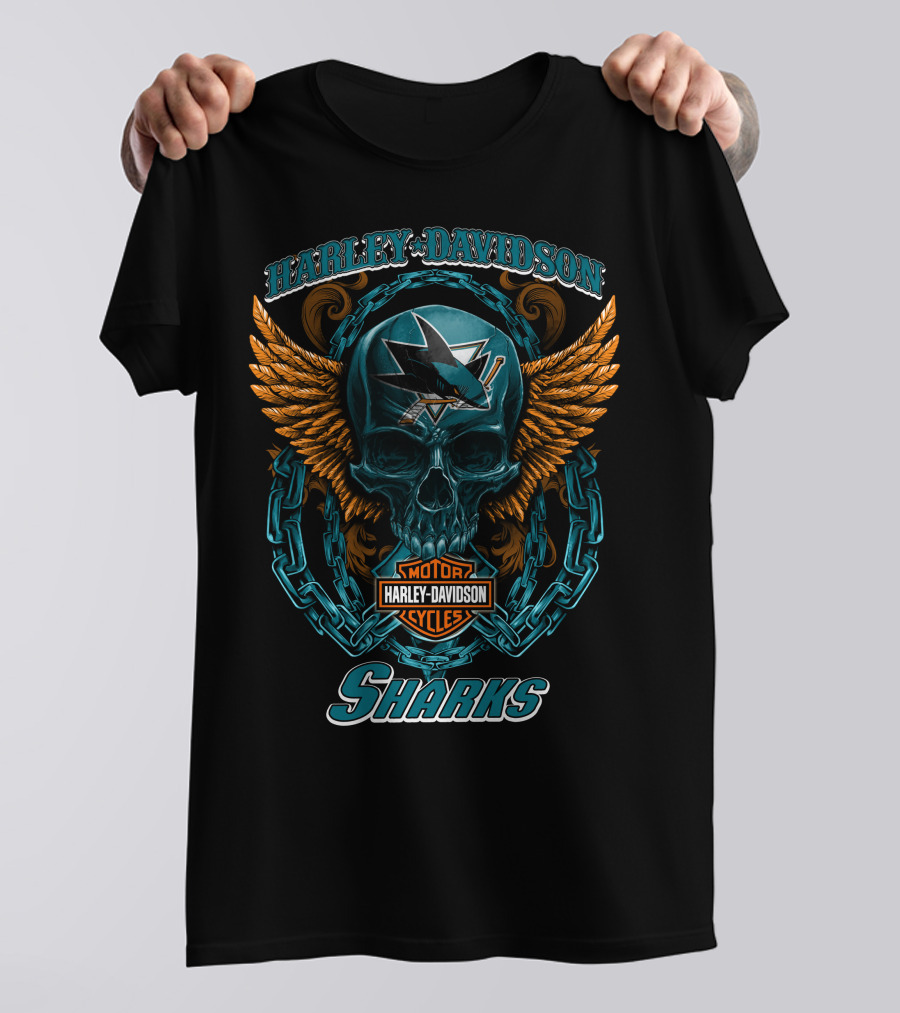Harley Davidson San Jose Sharks Nhl Motorcycles Skull And Wings T-Shirt