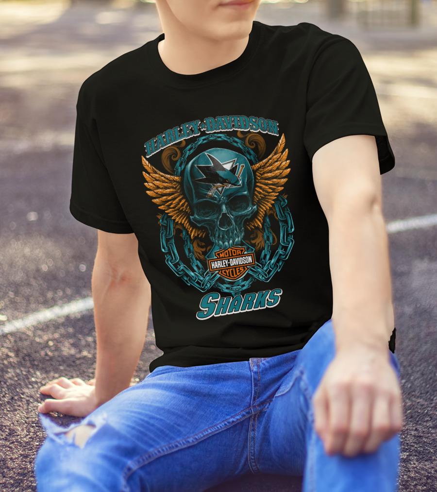 Harley Davidson San Jose Sharks Nhl Motorcycles Skull And Wings T-Shirt