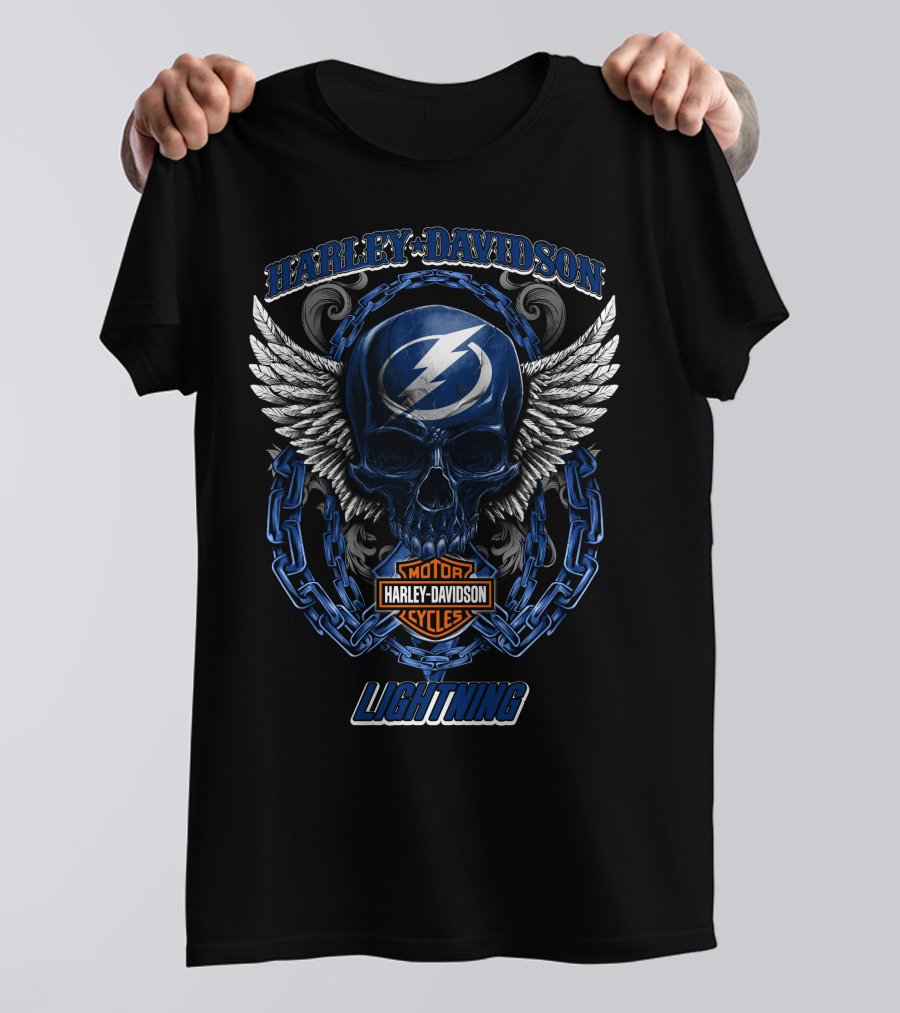 Harley Davidson Nhl Tampa Bay Lightning Skull Wings Chain T-Shirt