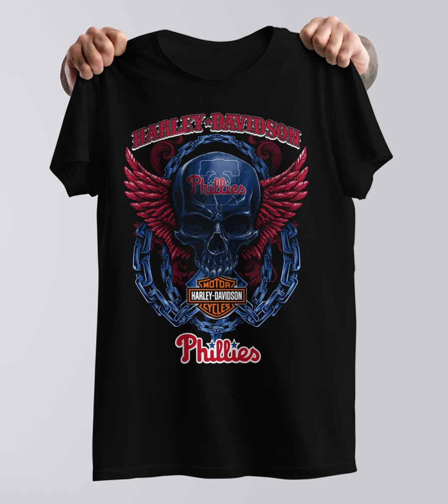 Harley Davidson Phillies Skull Wings Motor Cycles T-Shirt
