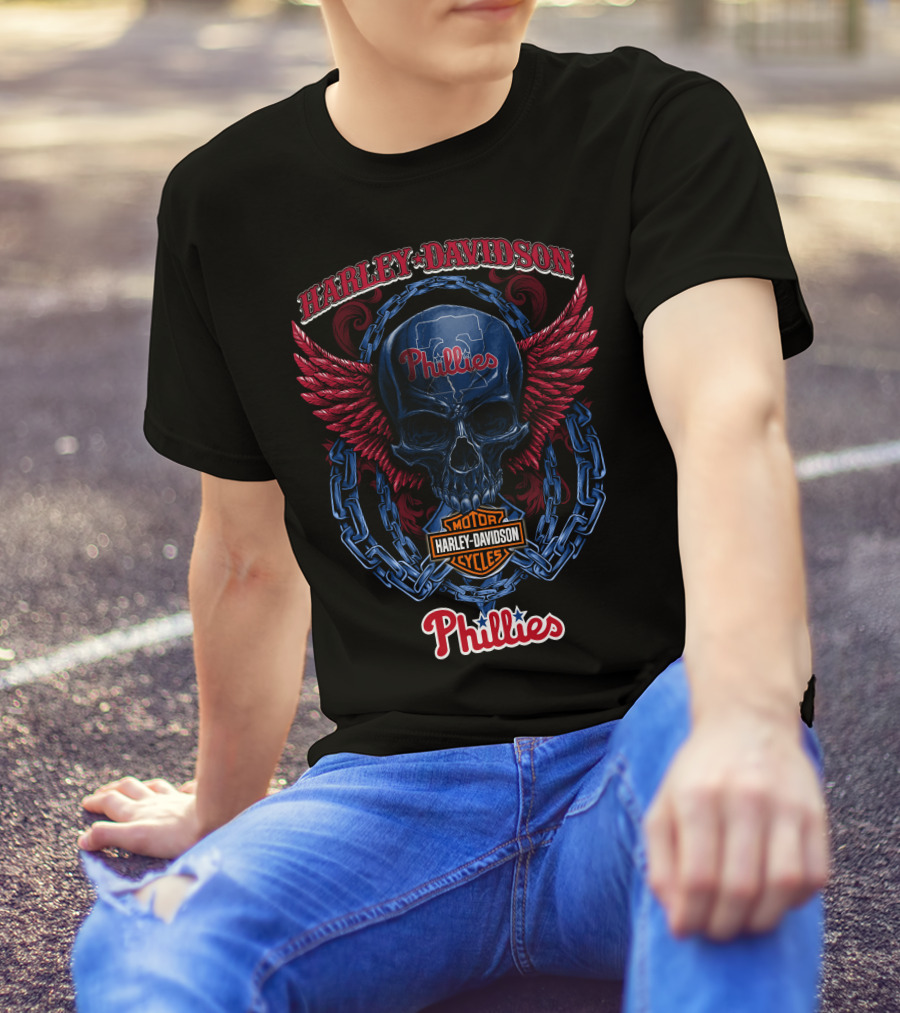 Harley Davidson Phillies Skull Wings Motor Cycles T-Shirt