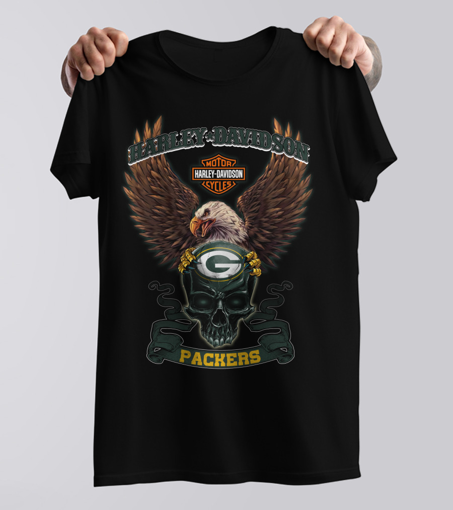 Harley Davidson Motor Cycles Nfl Green Bay Packers Eagle Skull T-Shirt