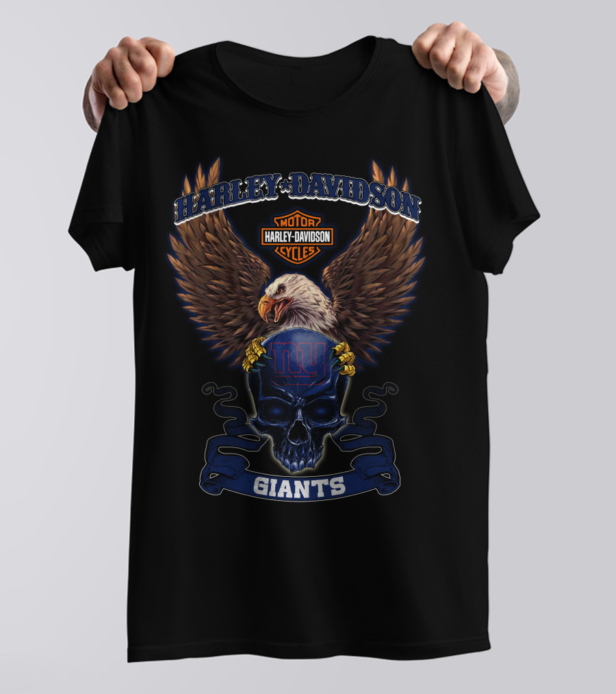 Harley Davidson Motor Cycles Ny Giants Eagles Skull T-Shirt