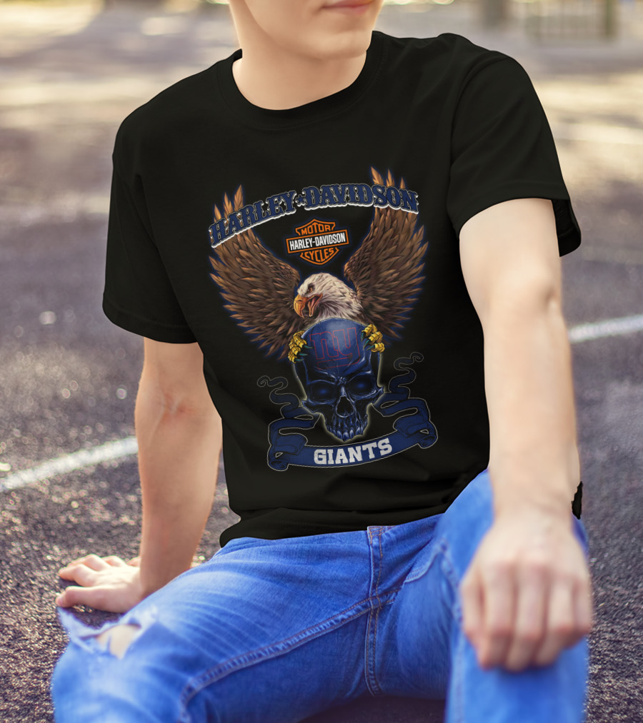 Harley Davidson Motor Cycles Ny Giants Eagles Skull T-Shirt