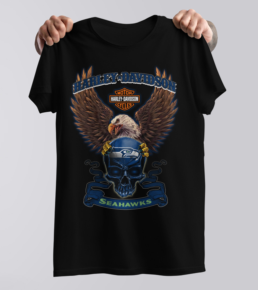Harley Davidson Seattle Seahawks Bald Eagle Skull Cycles T-Shirt