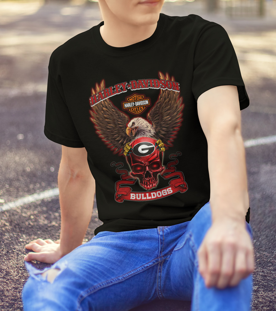 Harley Davidson Georgia Bulldogs Skull Eagle Motor Cycles T-Shirt