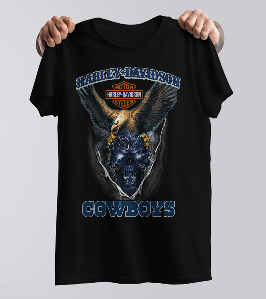 Harley Davidson Motor Cycles Eagle And Dallas Cowboys Blue Skull T-Shirt