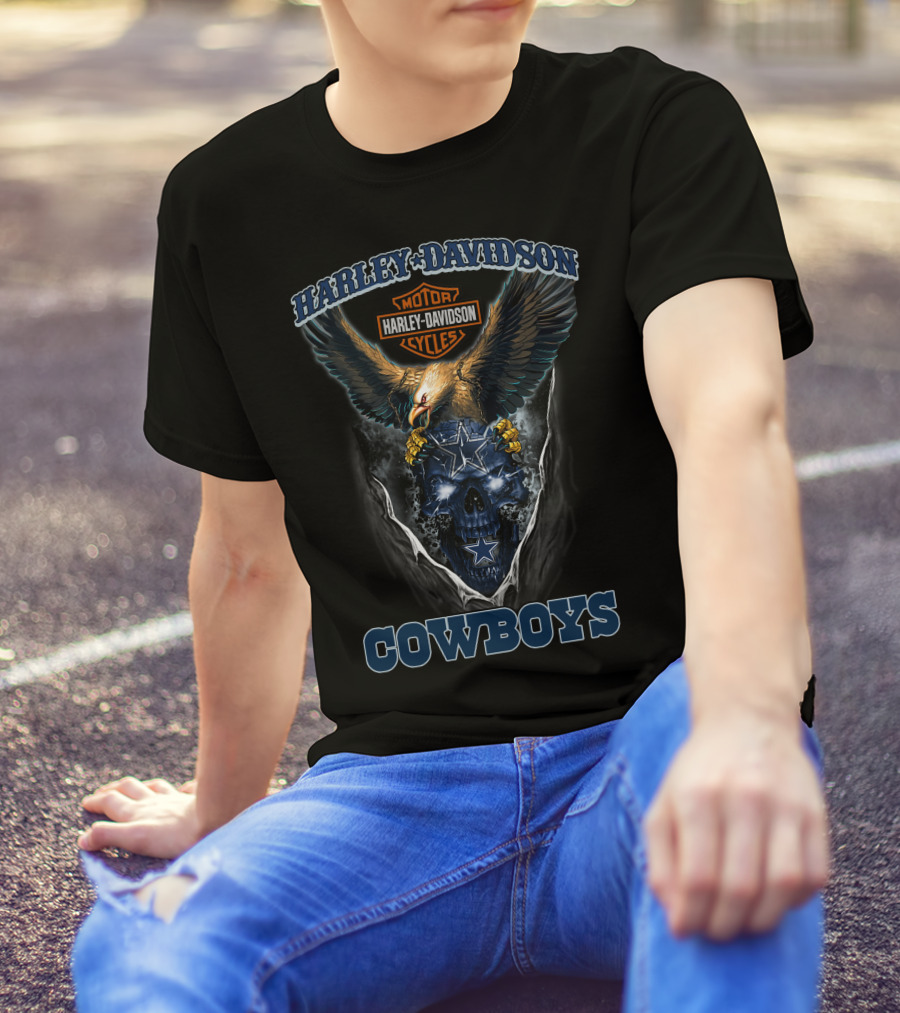 Harley Davidson Motor Cycles Eagle And Dallas Cowboys Blue Skull T-Shirt