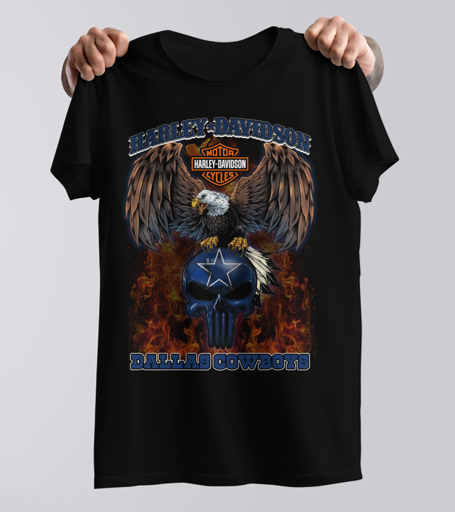 Dallas Cowboys Harley Davidson Eagle Skull Flame T-Shirt