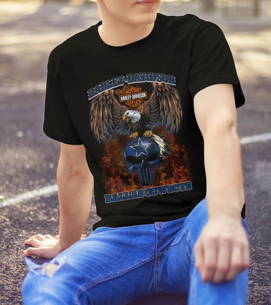 Dallas Cowboys Harley Davidson Eagle Skull Flame T-Shirt