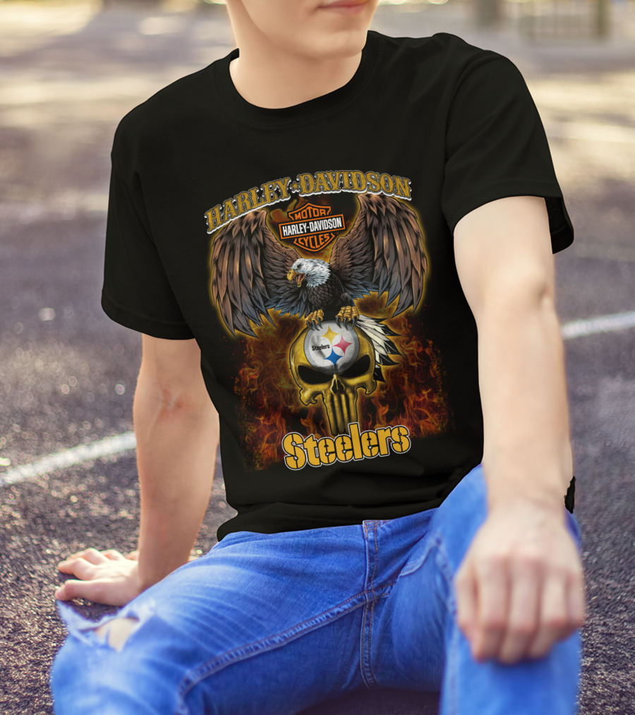 Harley Davidson Steelers Nfl Eagle Logo Flame T-Shirt