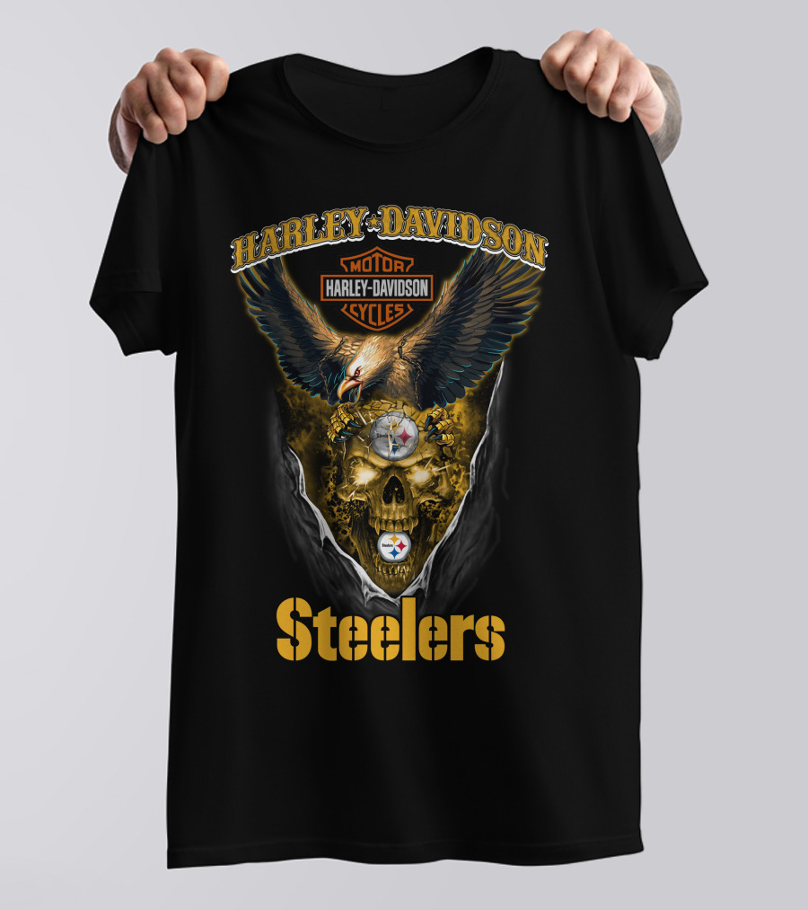 Harley Davidson Motor Cycles Pittsburgh Steelers Skull Eagle T-Shirt