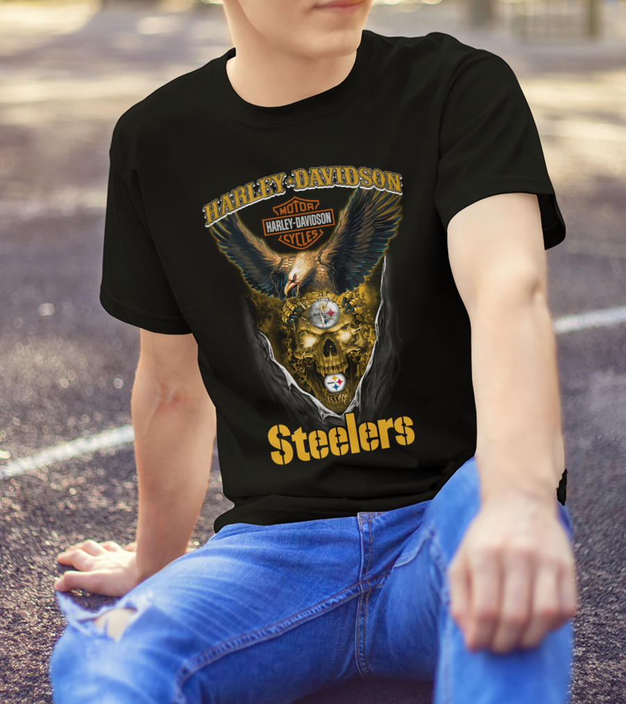Harley Davidson Motor Cycles Pittsburgh Steelers Skull Eagle T-Shirt
