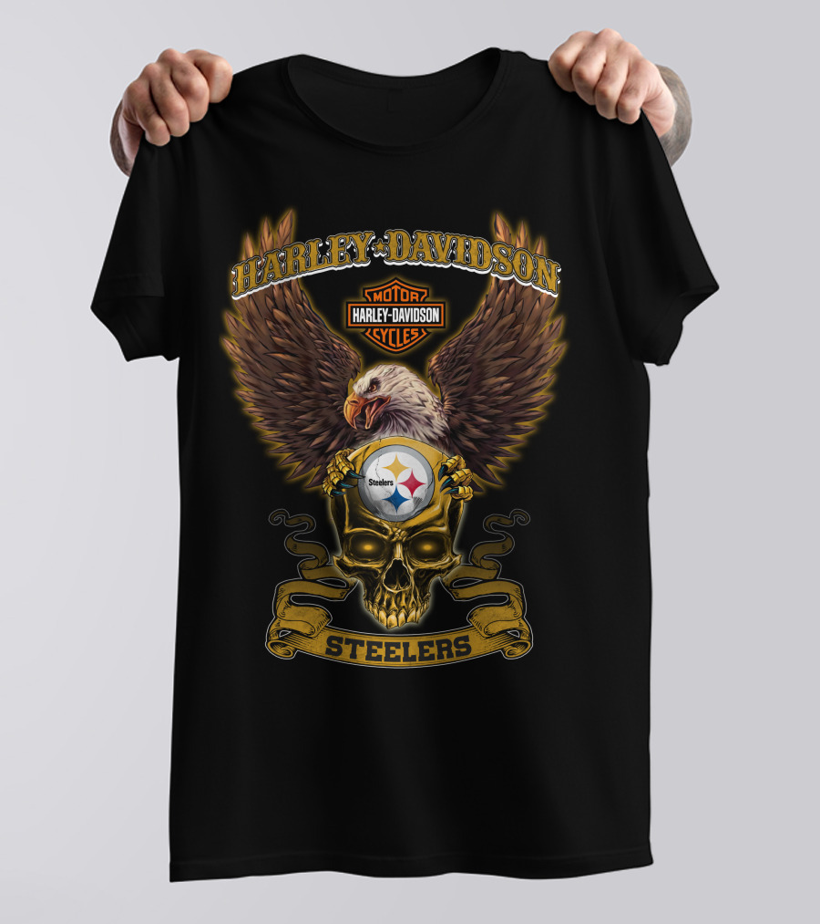 Harley Davidson Pittsburgh Steelers Nfl Skull Eagle Motocycles T-Shirt