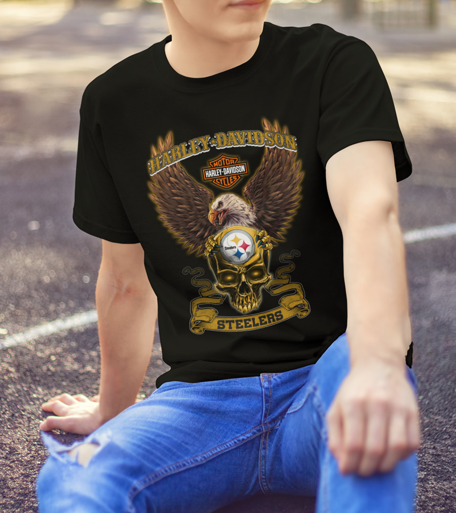 Harley Davidson Pittsburgh Steelers Nfl Skull Eagle Motocycles T-Shirt