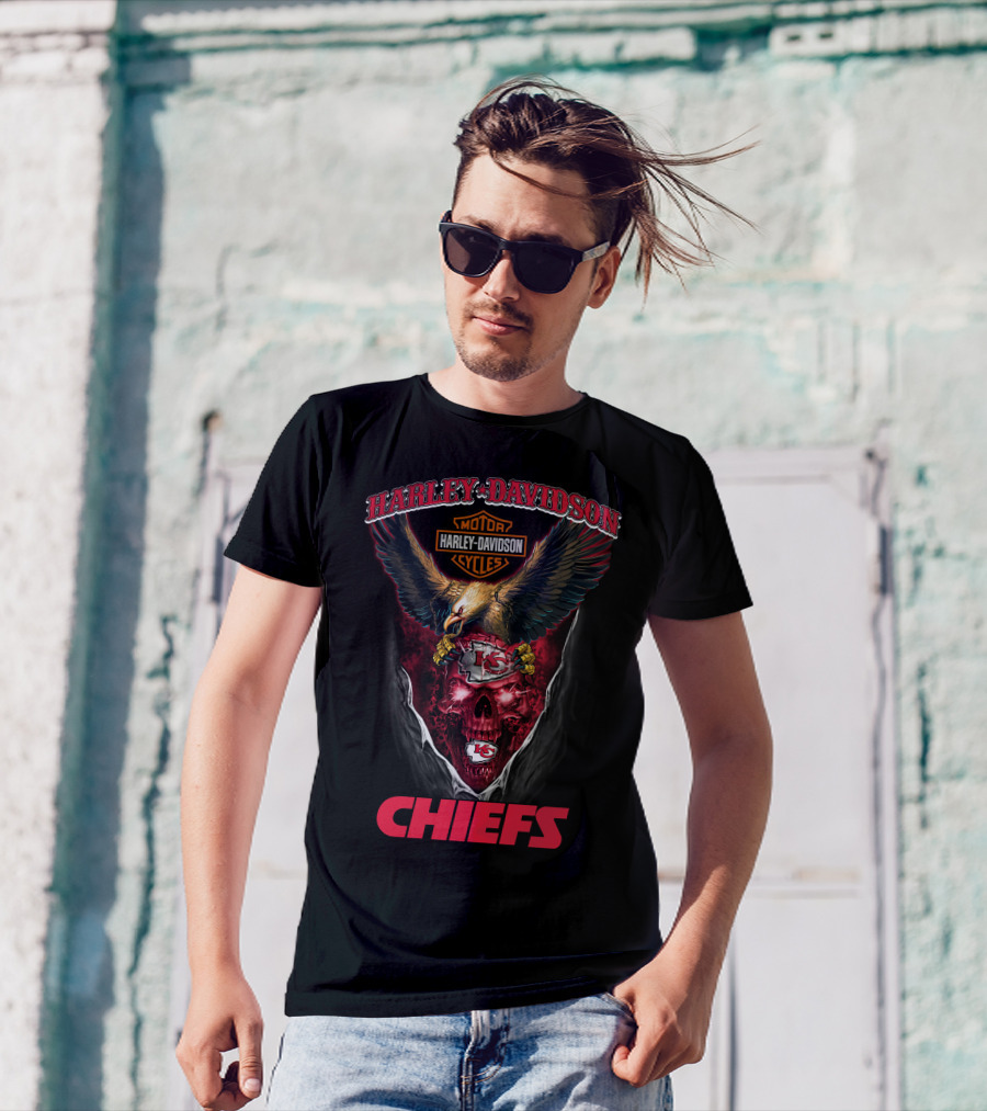 Harley Davidson Motor Cycles Chiefs Kansas City Nfl Eagles Skull T-Shirt