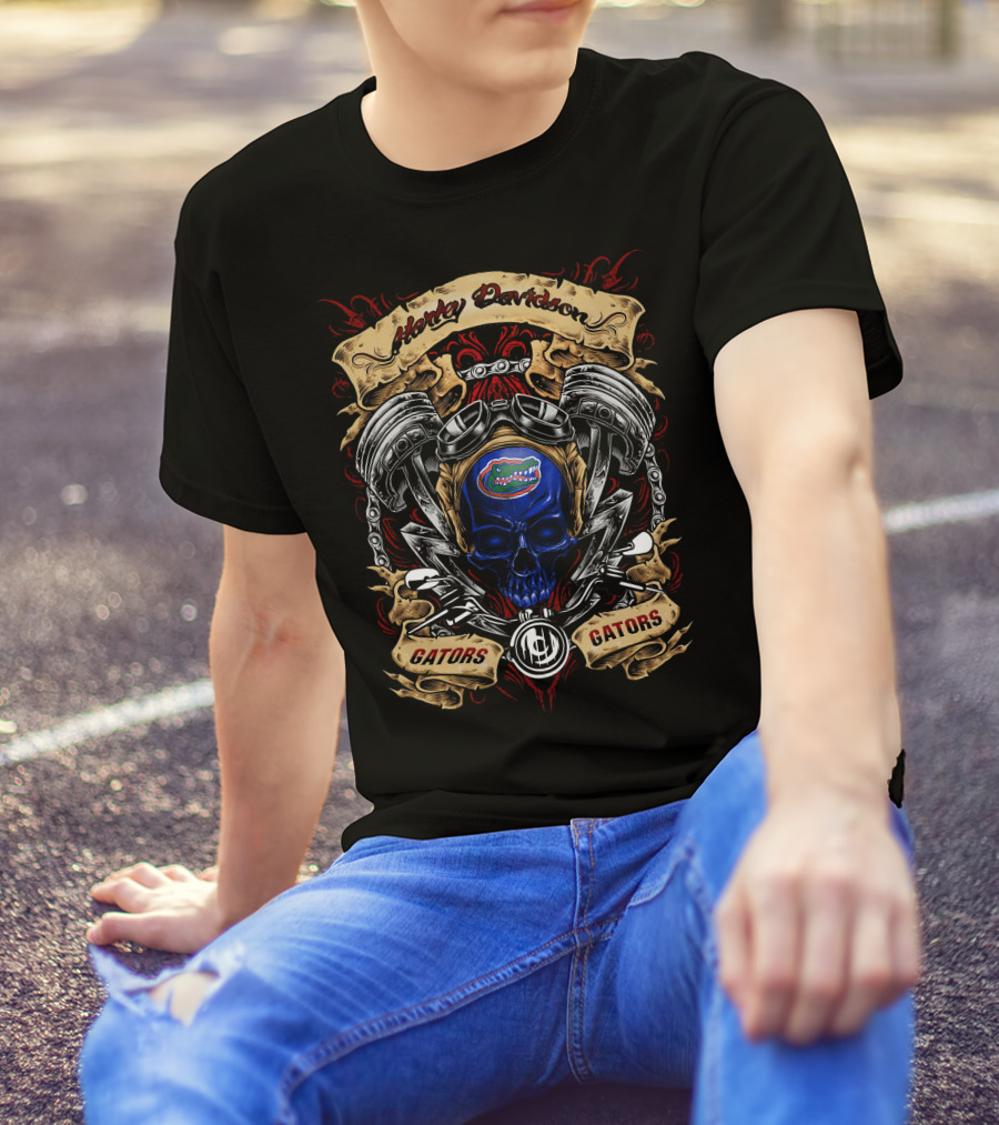 Harley Davidson Florida Gators Ncaa Blue Skull Engine T-Shirt