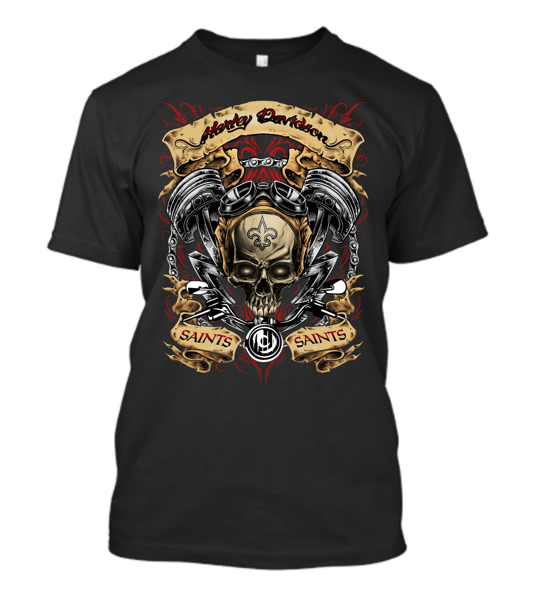 Harley Davidson New Orleans Saints Skull Pistons And Fleur-De-Lis T-Shirt