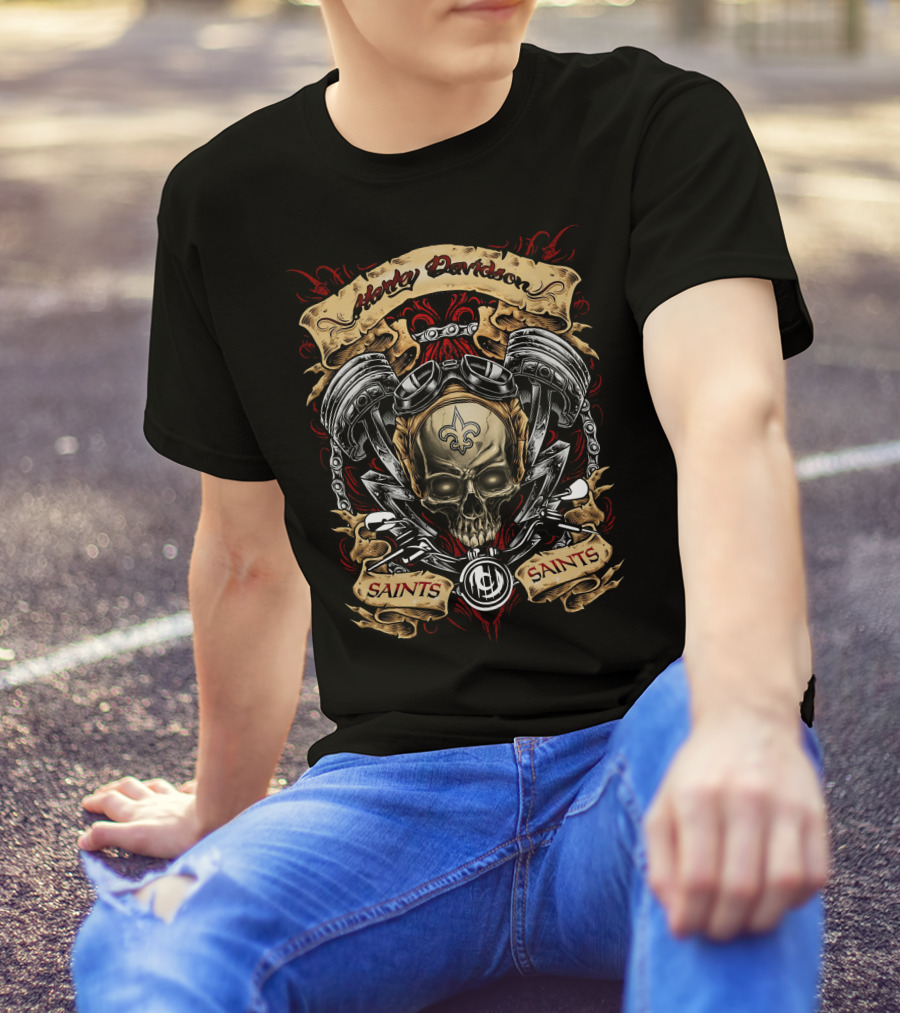 Harley Davidson New Orleans Saints Skull Pistons And Fleur-De-Lis T-Shirt