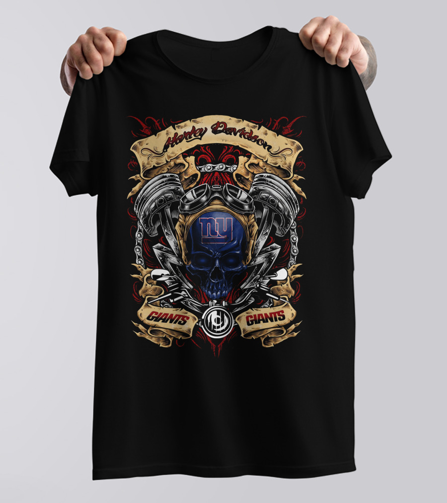 New York Giants Nfl Harley Davidson Skull Motorbike Giants T-Shirt