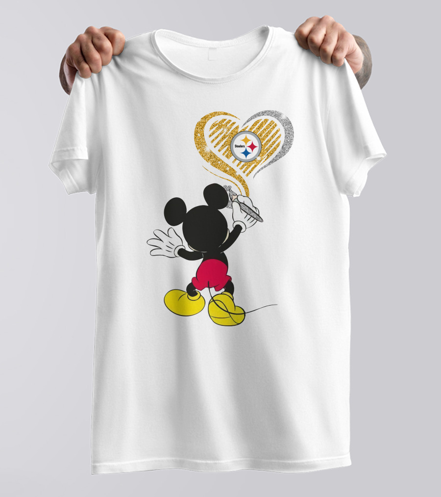 Mickey Mouse Drawing Heart With Pittsburgh Steelers T-Shirt