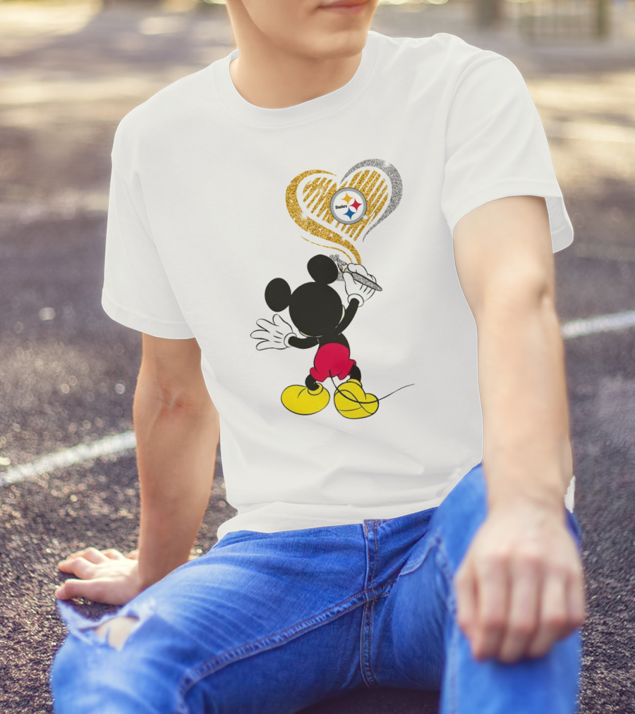 Mickey Mouse Drawing Heart With Pittsburgh Steelers T-Shirt