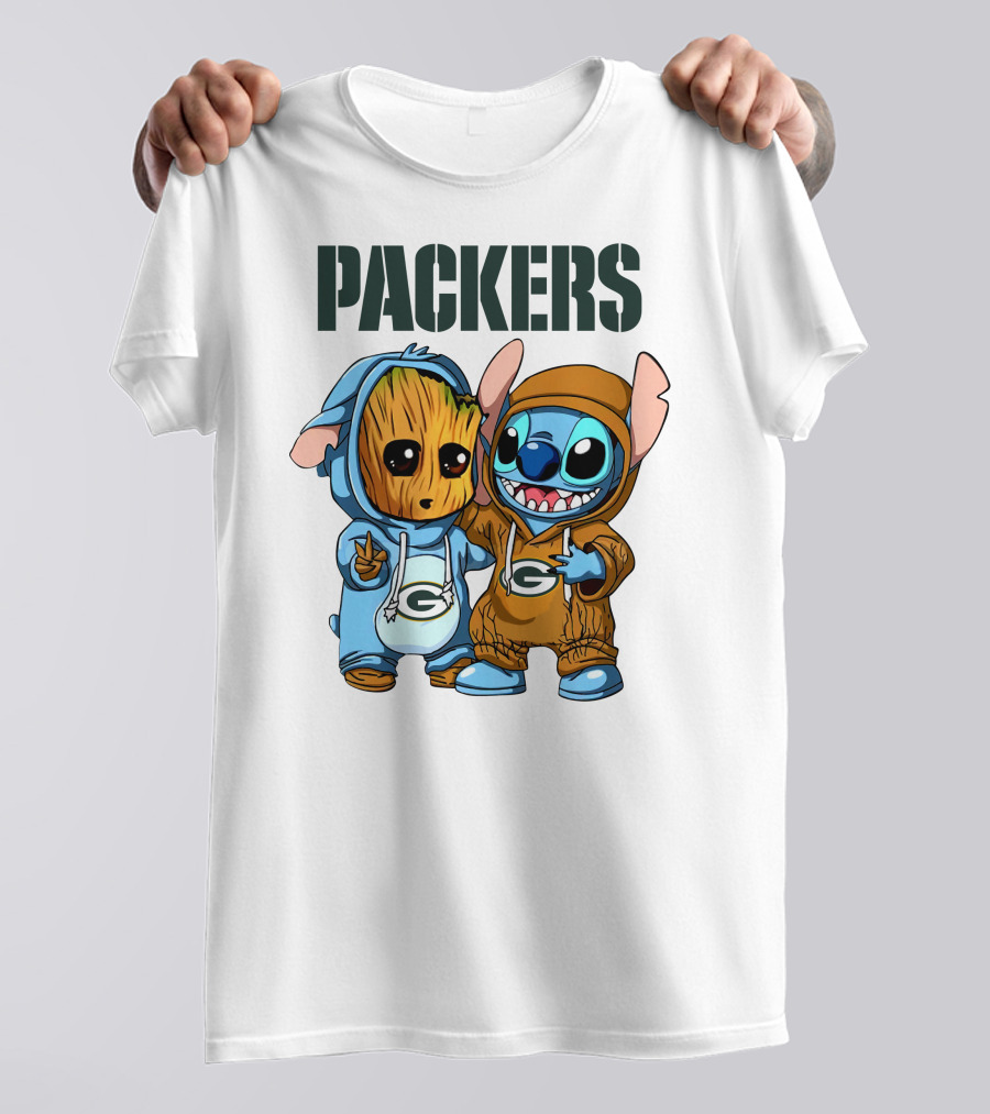 Packers Groot And Stitch Hug Wearing Green Bay Packers Hoodies T-Shirt