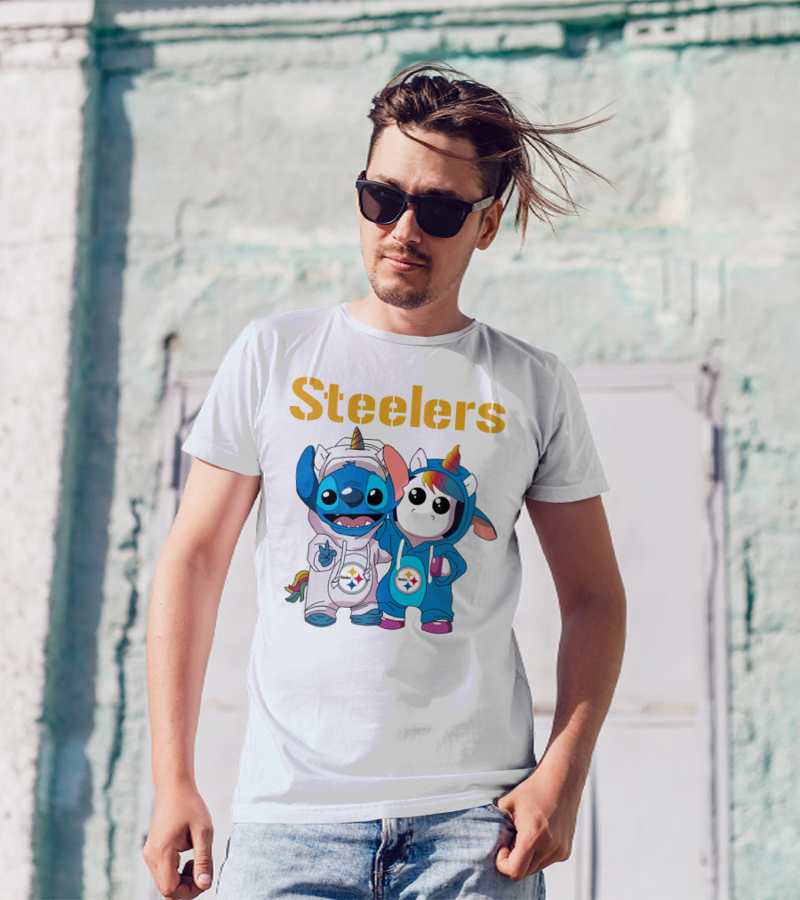 Steelers Stitch And Unicorn Duo With Rainbow Horns T-Shirt