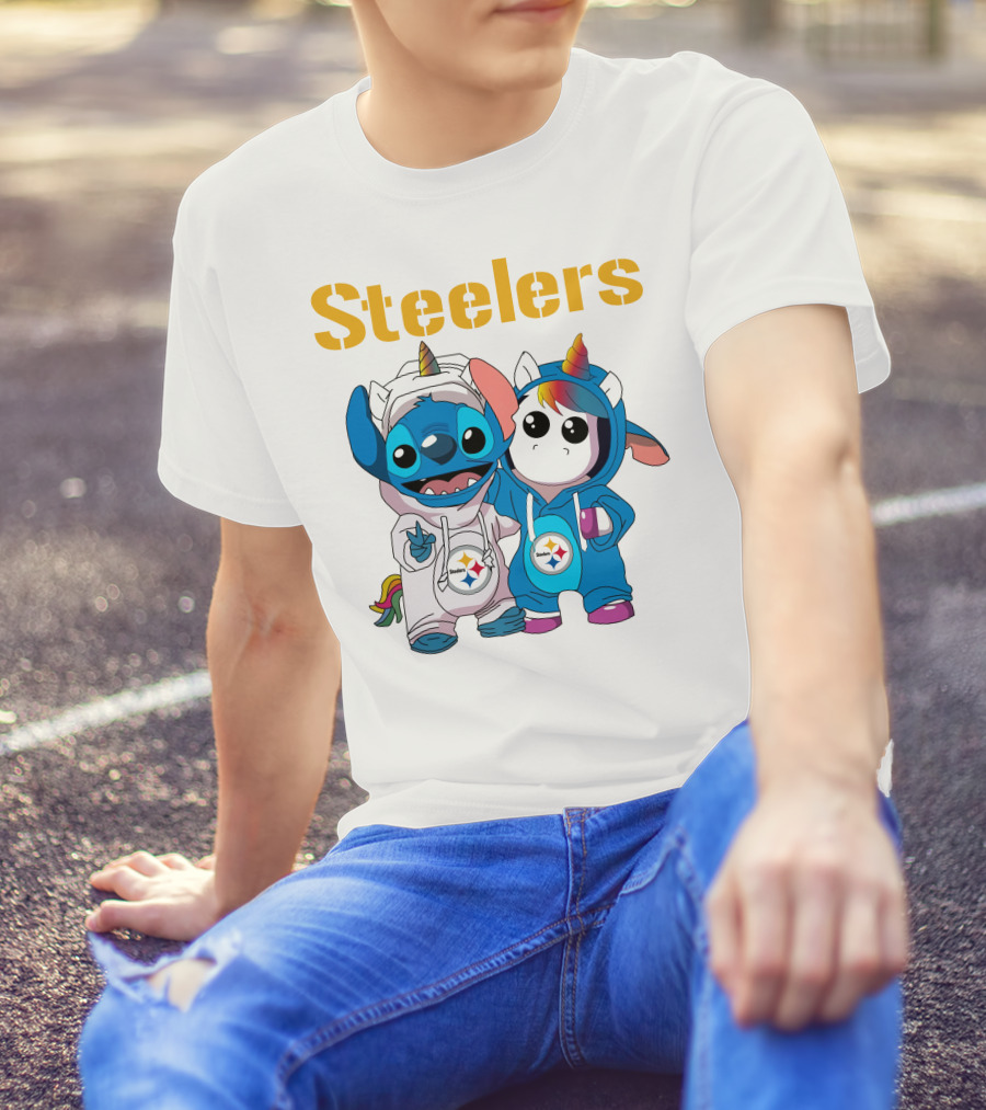 Steelers Stitch And Unicorn Duo With Rainbow Horns T-Shirt